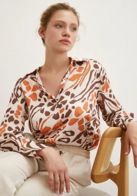 V Neck Leopard Pattern Shirt Stone