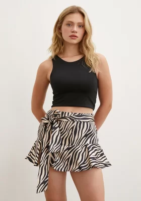 Zebra Patterned Belted Shorts Skirt Brown