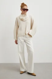 Yüksek Bel Baggy Jean Kırık Beyaz