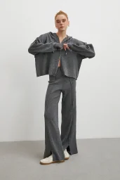 Çift Fermuarlı Kapüşonlu Pantolonlu Takım Gri