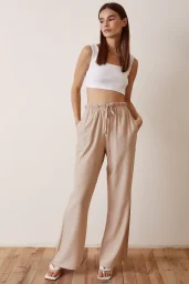 Damen-High-Waist-Hose mit elastischer Taille in Beige