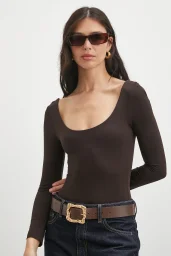 U Yaka Uzun Kollu Çıtçıtlı Bodysuit Kahve