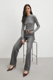 Bisiklet Yaka Uzun  Kol Bluz Gri