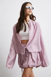 Geniş Kol Önden Bağlamalı Bluz Lila