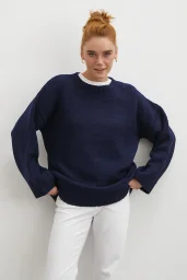 Bisiklet Yaka Fitilli Triko Kazak Lacivert