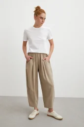 Bağcıklı Beli Lastikli Pileli Pantolon Taş