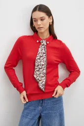 Fularlı Polo Yaka Kazak Kırmızı