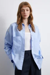 Shoulder Beaded Detail Oversized Shirt Blue