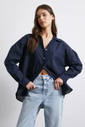 Cepli Oversize Keten Gömlek Lacivert