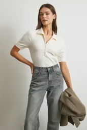 Polo Yaka Düğmeli Kısa Kol Triko Ekru