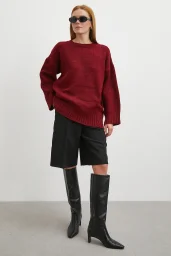 Bisiklet Yaka Fitilli Triko Kazak Bordo