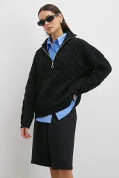 Saç Örgülü Yarım Fermuarlı Kazak Siyah