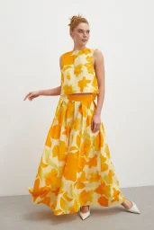 Elastic Waistband Batik Patterned Pleated Skirt Yellow