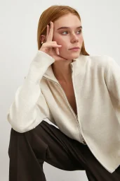 Çift Fermuarlı Triko Hırka Ekru