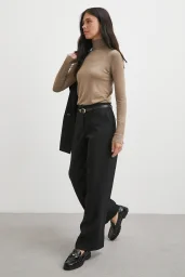 Yüksek Bel Paça Detaylı Kemerli Pantolon Siyah