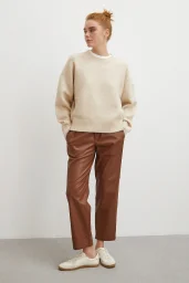 Bağcıklı Deri Pantolon Kahve