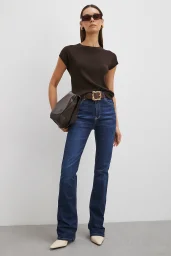 Yüksek Bel Likralı İspanyol Paça Jean Lacivert