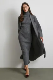 Uzun Elbiseli Hırka Triko Takım Gri