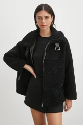 Yaka Detaylı Peluş Mont Siyah