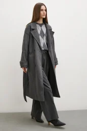 Coat with Collar Detail and Belt in Antiracite Color