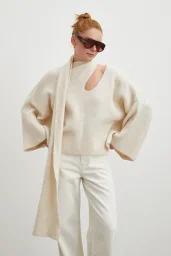 Fitilli Şal Yaka Kazak Ekru