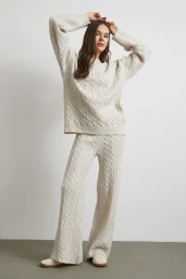 Desenli Şardonlu Triko Takım Ekru