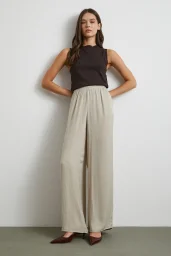 Beli Lastikli Dökümlü Geniş Paça Pantolon Taş