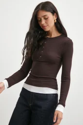 Garnili Çıtçıtlı Bluz Kahve