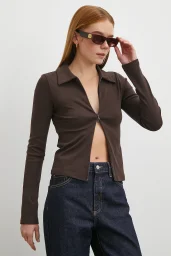 Yakalı Çift Fermuarlı Bluz Kahve