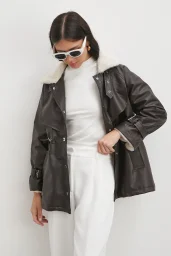 Kürklü Yaka Detaylı Deri Ceket Kahve