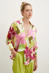 Flower Pattern Satin Shirt Pink