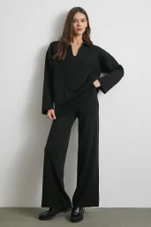 Polo Yaka Pantolonlu Triko Takım Siyah