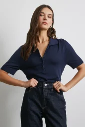 Polo Yaka Düğmeli Kısa Kol Triko Lacivert