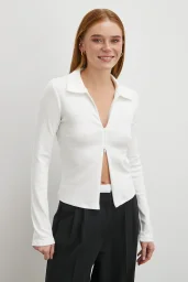 Yakalı Çift Fermuarlı Bluz Beyaz