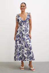 Shoulder Strapped V Neck Dress Navy