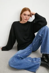 Bisiklet Yaka Fitilli Triko Kazak Siyah