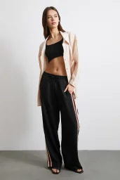 بنطلون مزدوج الشريط بخصر مطاطي أسود