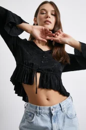 V-Neck Frilly Black Blouse