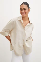 Yırtmaçlı Fakir Kol Gömlek Bej