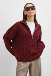 Saç Örgülü Yarım Fermuarlı Kazak Bordo