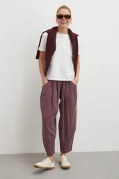 Bağcıklı Beli Lastikli Pileli Pantolon Mürdüm