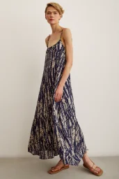 فستان واسع برقبة بحبل الخرز اللون الأزرق الداكن / البيج