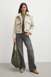 Apoletli Yünlü Körük Cepli Kaşe Mont Bej