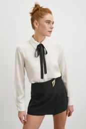 Yaka Bağlamalı Saten Gömlek Ekru