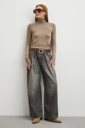 Yüksek Bel Pileli Geniş Paça Jean Füme