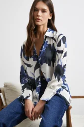 Saten Yüzeyli Desenli Gömlek Lacivert