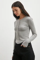 Düğmeli Uzun Kol Bluz Gri