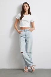High Waist Frayed Hem Ripped Detail Jeans Ice Blue
