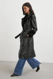 Kürklü Kuşaklı Deri Pardesü Siyah