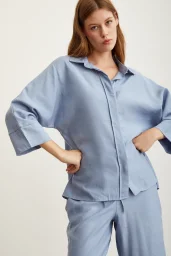 Bat Sleeve Linen Shirt Blue